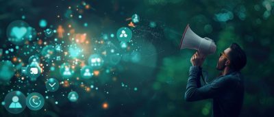 man with bullhorn announcing PR Market Changes and Trends to the universe