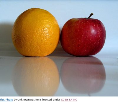 Picture of an orange and an apple indicating that this category in PRToolFinder is the only one where tools are not able to be compared apples to apples.